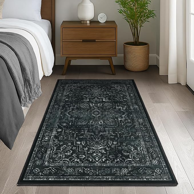 Black Distressed 3x5 Area Rugs for Entryway Foyer, Washable Non Slip Low Pile Throw Rugs for Kitchen, Dark Vintage Medallion Pinted Carpet for Bedroom/Bathroom/Closet/Dorm/Home Office