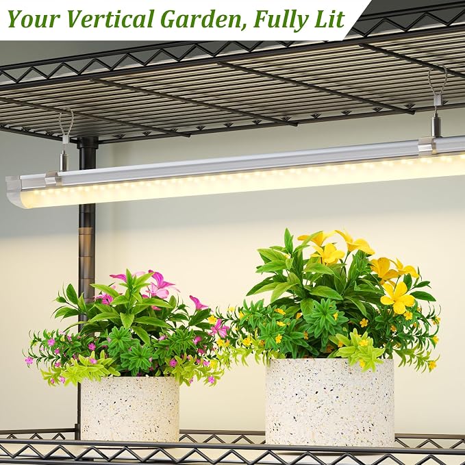 Plant Shelf with Grow Light, DIY 6-Tier Plant Stand with Grow Light, Adjustable Rack and Wheels, 8 Pack 24" 192W T8 Full Spectrum Grow Lamp for Indoor Plants, Seed Starting, Vegetable, 29"x13.5"x73.5"