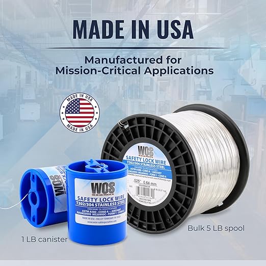 WCS .021 Stainless Steel Safety Lock Wire, T302/304, NASM20995C MS20995C, ASTM A580 Condition A, AMS569, Mechanics Wire for Aircraft, Automotive, & Industrial Use, 1lb Dispenser Can, Approx 840 ft