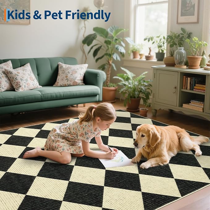 GarveeHome 6x9 Checkered Area Rug Black and Brown Washable Living Room Rug | Modern Geometric Farmhouse Carpet Soft Low Pile Non Slip Diamond Floor Mat Plaid Print Throw Rug for Dining Room Playroom