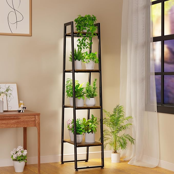 Simple Trending 4-Tier Tall Metal Plant Stand with Grow Light, Heavy Duty Ladder Shelf for Indoor Plants, Flower Planter Display Holder for Bedroom Balcony Patio Decor, Black