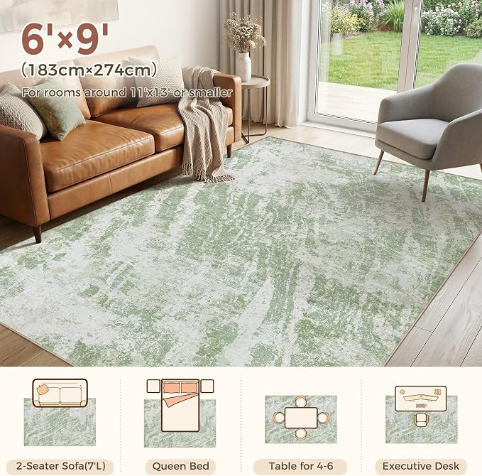 DMOYEST 6x9 Area Rug for Living Room Washable Abstract Indoor Carpet | Neutral Modern Low Pile Rugs Kid & Pet Friendly Soft Thin Carpet for Bedroom Dining Room and Office - Light Green