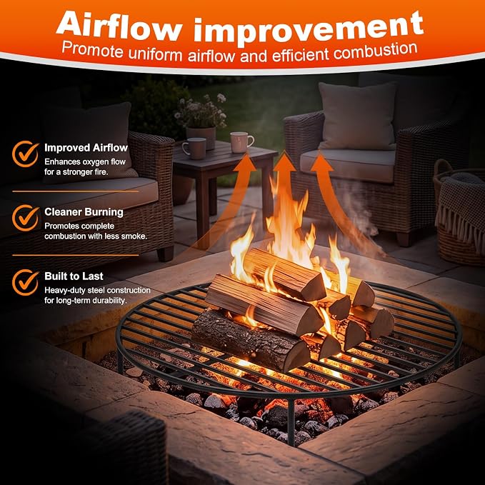 36 Inch Fire Pit Grate Round Heavy-Duty Steel Fire Pit Grate with Elevated Legs, Multi-Functional Log Holder for Fireplace Outdoor Camping, Backyard Barbecue, Cooking
