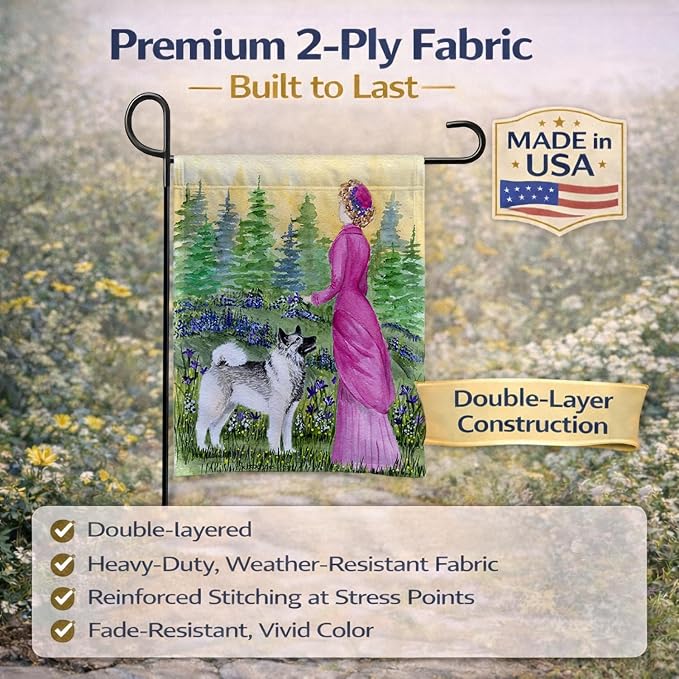 Caroline's Treasures SS8154GF Lady with her Norwegian Elkhound Garden Flag Mailbox Flag Decorative Yard Flag Banner Outside Patio Artwork Yard Flower Beds, Garden Size, Multicolor