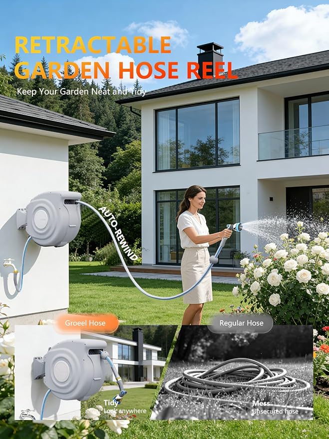 Retractable Garden Hose Reel 1/2 in x 100 ft Heavy Duty Automatic Water Hose Reel with 10-Function Sprayer Nozzle Kink-Free Auto Rewind Any-Length Lock 180° Swivel UV Resistant - Light Gray