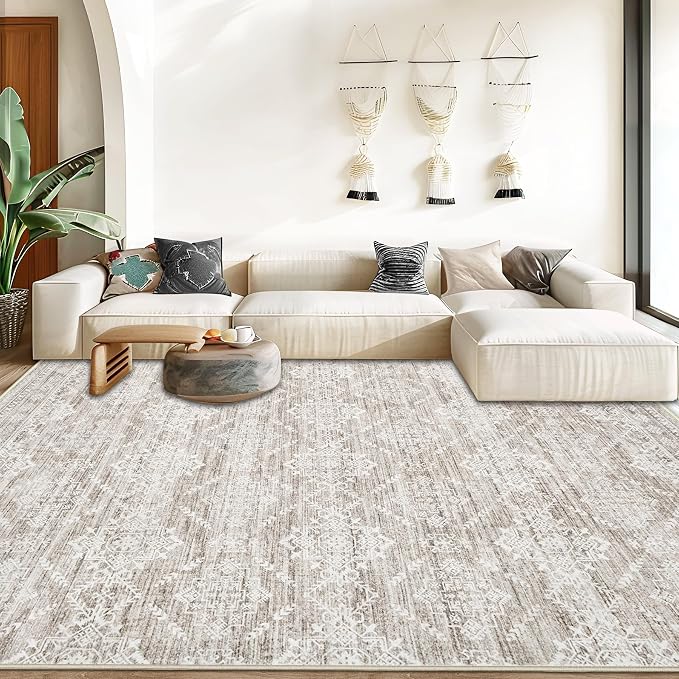 Area Rug for Living Room 9x12: Large Washable Boho Moroccan Rugs Geometric Neutral Rug, Non-Slip Foldable Morden Farmhouse Indoor Floor Carpet for Bedroom Dining Table Home(Ivory Mocha,9'x12')