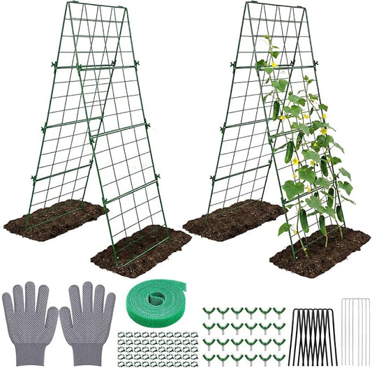 Chumia 2 Pack 48" x 16" Thickened Cucumber Trellis for Raised Bed Garden, Foldable A Frame Metal Garden Trellis for Climbing Plants Outdoor Plant Support for Vegetables Fruit, Green