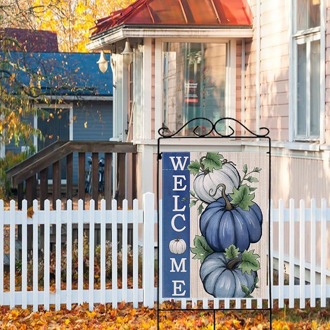 Welcome Fall Pumpkins Decorative House Flag, Autumn Blue White Pumpkin Farmhouse Garden Yard Outside Decorations, Thanksgiving Rustic Burlap Outdoor Large Home Decor Double Sided 28 x 40