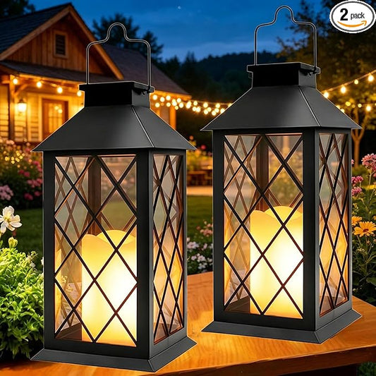 Yowin Solar Lanterns Outdoor Waterproof 2 Pack 14" Large Tempered Glass Hanging Solar Lantern with Flameless Candle, Garden Gifts, Wall Lamp for Backyard Porch Patio Lawn Vintage Decorations - Black