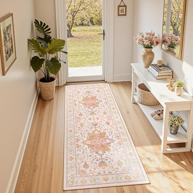 RELEANY Washable Area Rug, Runner 2'x5', Pink/Light Pink/Colorful | Non-Slip, Water Repellent, Pet Friendly, Easy to Clean, Vintage Floral Boho Decor for Kitchen Entry Bedroom Bedside Laundry