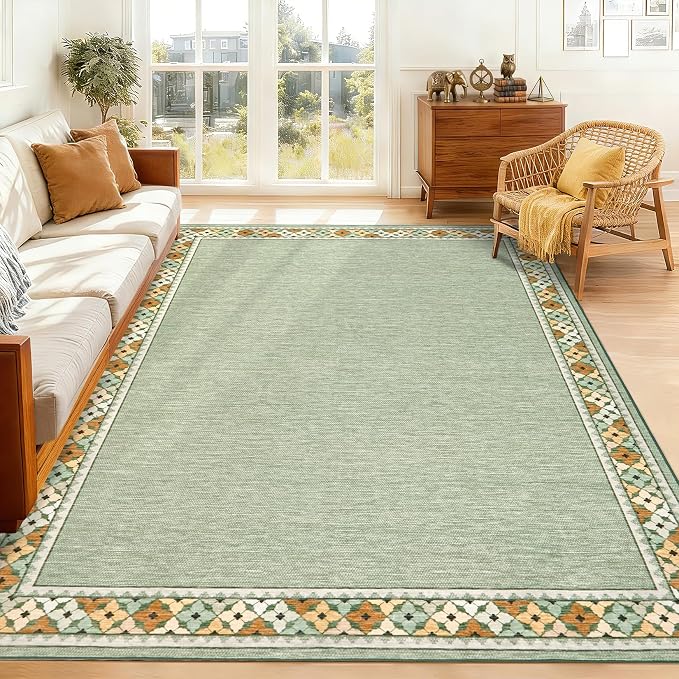 Garvee 8x10 Tribal Border Washable Rugs for Living Room Bedroom Rug, Green | Floral Border Area Rug Stain Resistant Easy Cleaning Throw Rugs Low Pile Floor Cover for Nursery Dining Room Apartment