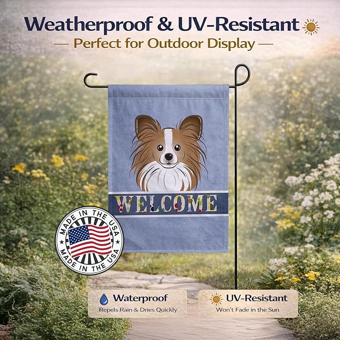Caroline's Treasures BB1434GF Papillon Welcome Garden Flag, Blue Mailbox Flag Decorative Yard Flag Banner Outside Patio Artwork Yard Flower Beds, Garden Size, Multicolor