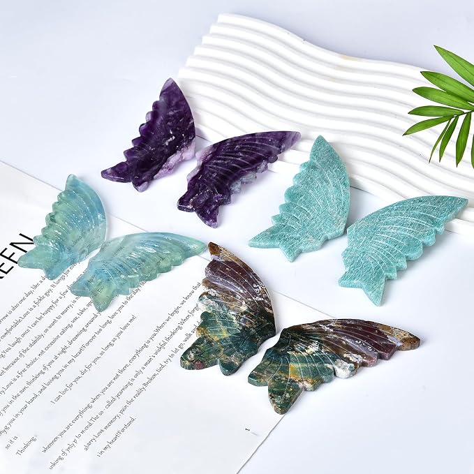 JIC Gem Purple Fluorite Crystals and Stones Crystal Butterfly Art Angel Wings Sculpture Carving,Healing Crystal Ornaments Energy Decorative Stone Reiki Gifts (1pair, 10cm)