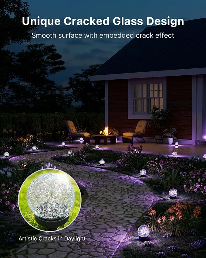 4 Pack 4.72" Multicolor Solar Power Cracked Glass Orb Light Outdoor | Outside Waterproof RGB Ambiance Ball Lamp for Garden, Patio, Table, Walkway, Stair, Lawn, Landscape Decor with Durable Stakes