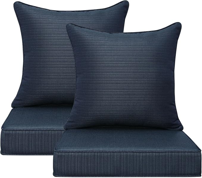 Unimatta Outdoor Patio Chair Cushions Set, 24" x 24"(24x24 Back), Set of 2, Water-Repellent, Fade Resistant, Deep Seat Bottom and Back Cushion for Backyard, Couch, Sofa, Dark Blue Linen