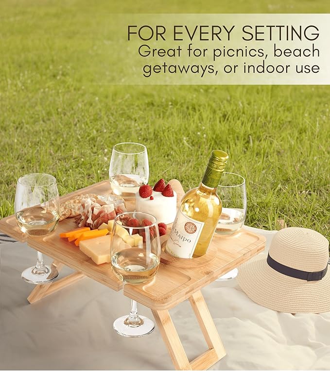Portable Wine Picnic Table - Foldable Bamboo Snack Tray with Glass & Bottle Holders - Picnic Wine Set for Beach, Camping, Park - Gift for Wine Lovers
