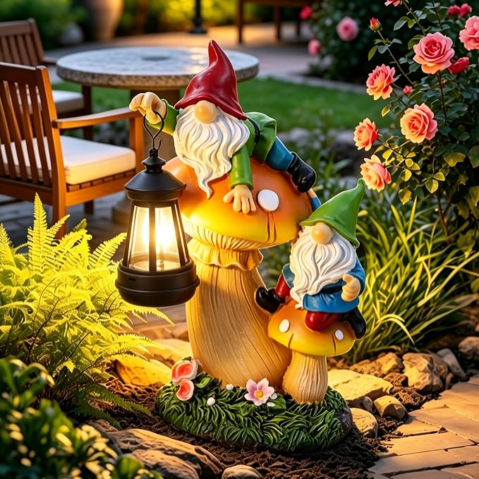 Solar Garden Gnome Statue Climbing on Mushroom with LED Lantern | Waterproof Resin Decor for Fairy Garden, Porch & Lawn, Handcrafted Funny Figurine, Unique Gift for Mom & Women