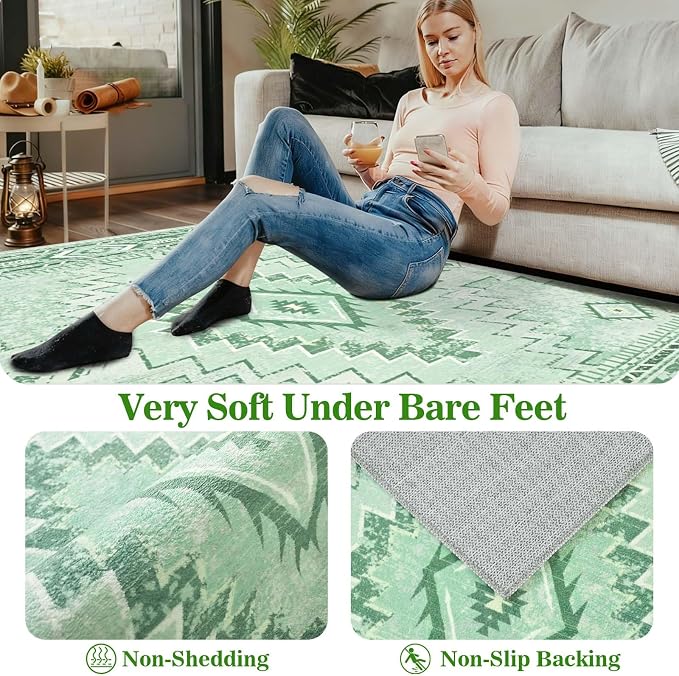Yinhua Sage Green 8x10 Rugs for Living Room, Western Area Rug Washable | Non-Slip Southwestern Rug Low Pile, Soft Non-Shedding Boho Rugs for Dining Table Office Nursery