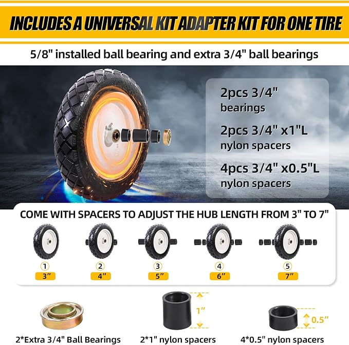 MZREXN 4.80/4.00-8" Flat Free Tire and Wheel 15" Wheelbarrow Tires | 3.00-4.00/4.80-8" Solid Tire with 5/8" & 3/4" Bearings, 3" Centered Hub for Hand Truck Garden Trailers 2PCS White