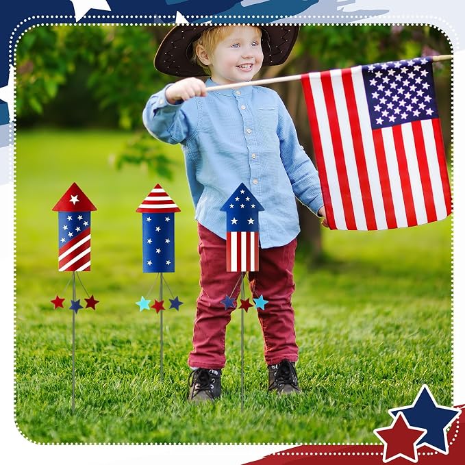 Pickmesh 6 Pcs 12" H 4th of July Outdoor Decor Patriotic Yard Decor Fireworks Red White Blue Metal Yard Sign Garden Stake 250th Anniversary USA Flag Rocket American for Independence Day Decoration
