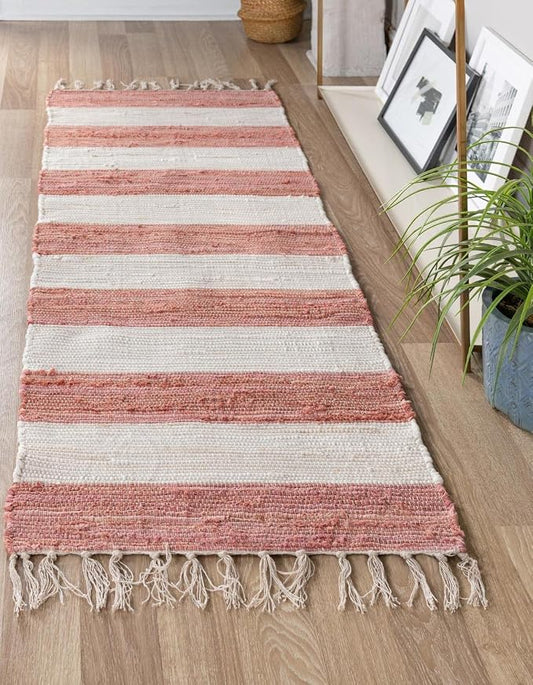 Unique Loom Chindi Rag Collection Area Rug - Striped (2' 2" x 10' Runner, Coral and Ivory)