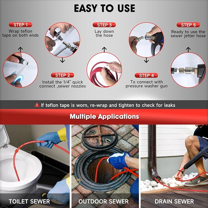 Sewer Jetter Kit for Pressure Washer – 150ft Water Jet Drain Cleaning Hose 5800PSI 1/4 Inch NPT Corner with Sewer Cleaning Tool High Pressure Nozzles and Spanner Waterproof Tape