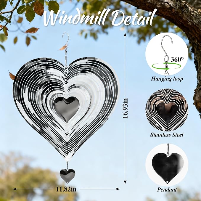 Wind Spinner 12-Inch Outdoor Decoration Gift for Mom | Hanging Yard Art, Garden Decoration for Outdoor and Indoor, Gift for Grandma and Women, 3D Heart, Stainless Steel, 1 Pack