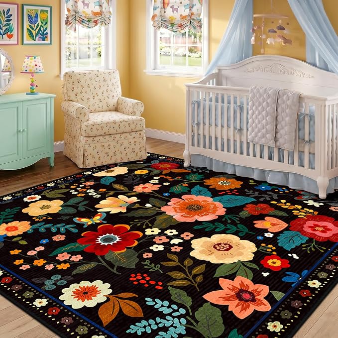 RELEANY Floral Washable Square 6ft Area Rug Black | Flower Carpet, Print, Boho, Non-Slip, Easy to Clean, Soft, Low Pile for Living Room Bedroom Kitchen Office Entryway Hallway