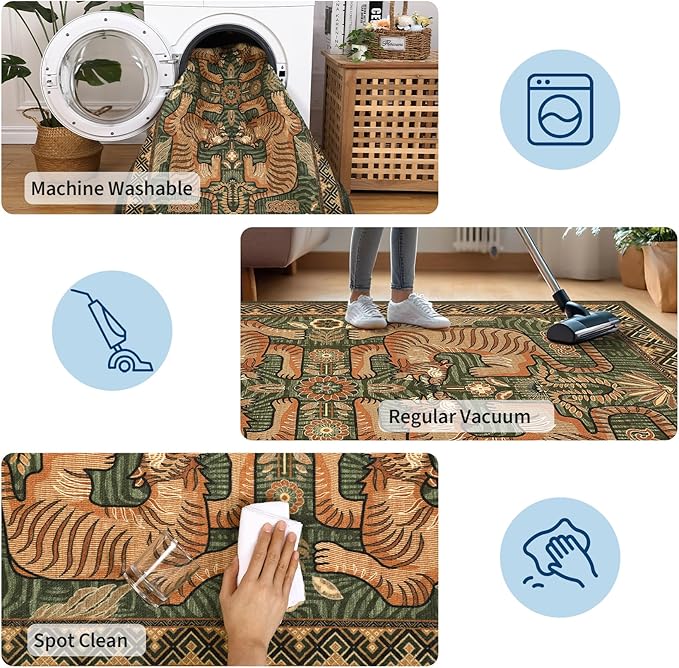 GarveeHome Tiger Round Area Rugs Boho Living Room Non Slip Washable Vintage | 8ft Green Animal Print Circle Rugs, Tribal Floor Carpet for Dining Room Entryway Nursery Playroom Office