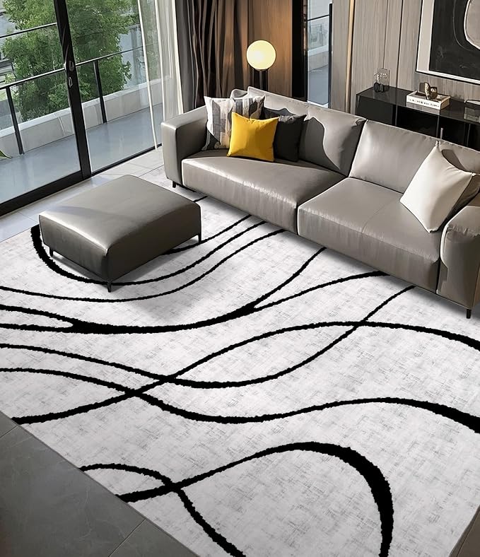 Modern Rugs 6x9, Washable Black and White Area Rug, Thin Abstract Geometric Minimalist Striped Rug, White Rugs for Living Room,Bedroom,Kitchen,Dining Room,Office