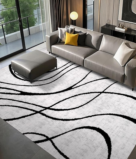 Modern Rugs 6x9, Washable Black and White Area Rug, Thin Abstract Geometric Minimalist Striped Rug, White Rugs for Living Room,Bedroom,Kitchen,Dining Room,Office