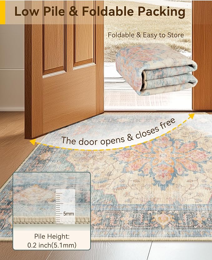 RELEANY Washable Area Rug, 8'x10', Blue/Orange/Red | Non-Slip, Water Repellent, Pet Friendly, Easy to Clean, Vintage Floral Boho Decor for Living Room Bedroom Dining Room