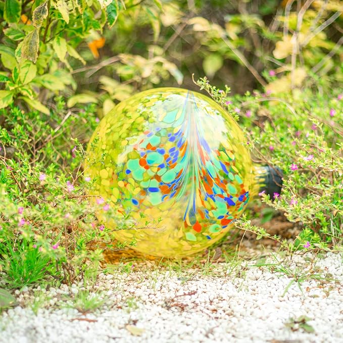 VCUTEKA Gazing Ball, Glass Gazing Balls Garden Globe Decor 10" Yellow | Handcrafted yellow swirl glass gazing balls that creates elegant garden focal point in any outdoor landscape yard decorative