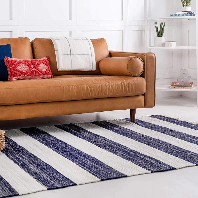 Unique Loom Chindi Rag Collection Area Rug - Striped (8'x 10' Rectangle, Navy Blue/ Ivory)