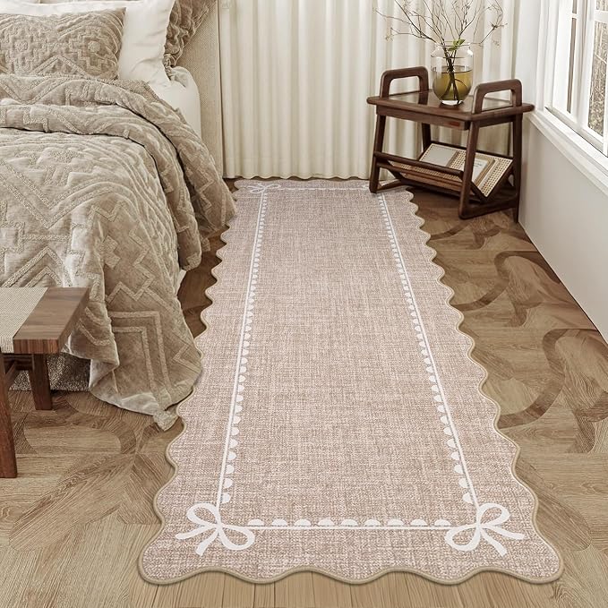 COZYLOOM Scalloped Entryway Rugs Indoor 2x6 Washable Runner Rug, Camel | Rubber Backing Scalloped Bow Border Non Shedding Stain Resistant Low Pile Soft Carpet for Kitchen Bathroom Bedroom Hallway