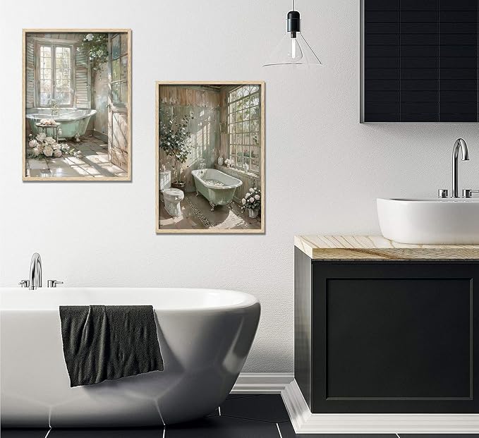 Vintage Farmhouse Theme Bathroom Canvas Wall Art Bathtub With Flowers Poster Print Painting Rustic Farmhouse Window Wall Decor Sunlit Floral Bathroom Pictures Artwork for Toilet Restroom Decoration