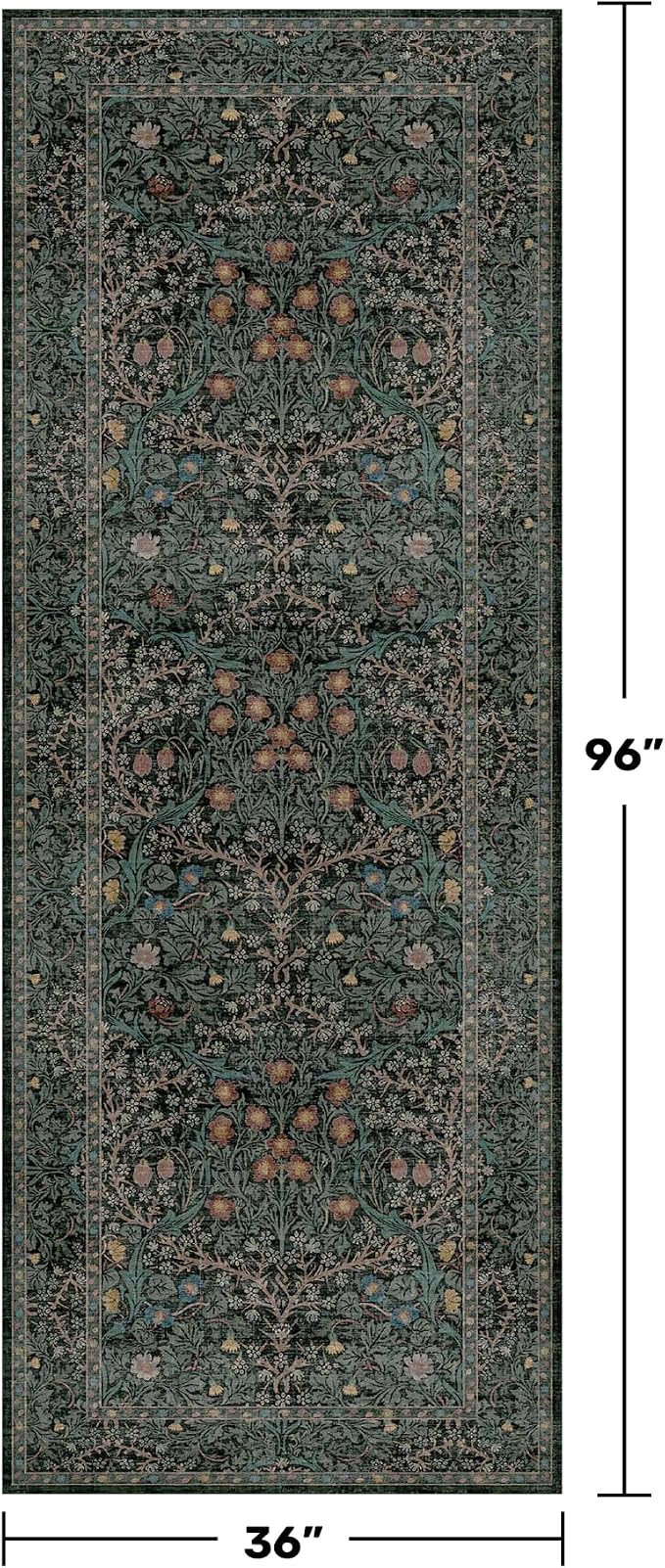 Vintage 3x8 Wide Runners for Hallways, Long 8ft Floor Runner for Kitchen, Entryway Indoor, Washable Non Skid Rubber Backing Stain Resistant - Dark Green Floral Décor