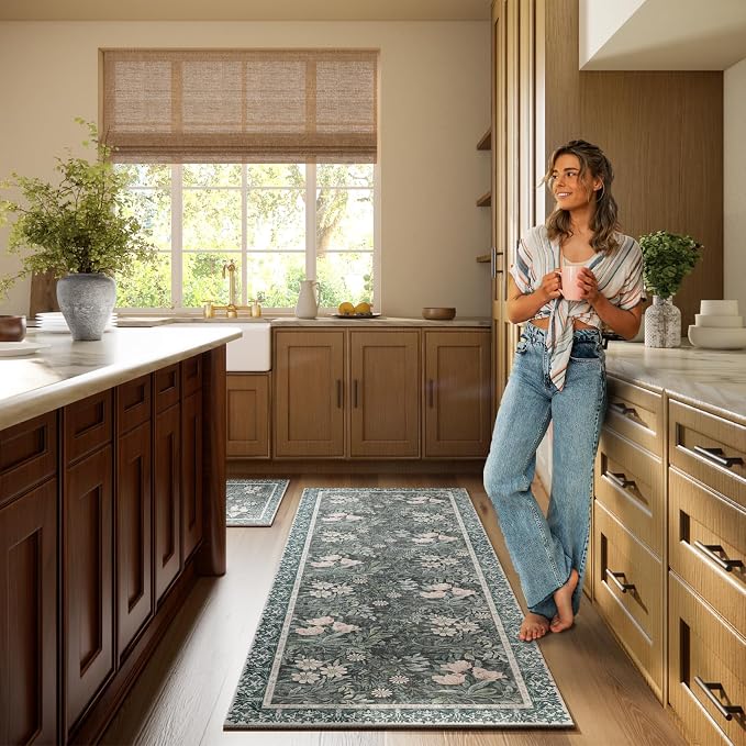 Non Slip Vintage Floral with Ornate Border Hallway Runner Rug - Long Runner Rugs 2x6 Washable Kitchen Floor Mat, Laundry Room Rug, Bathroom Runner