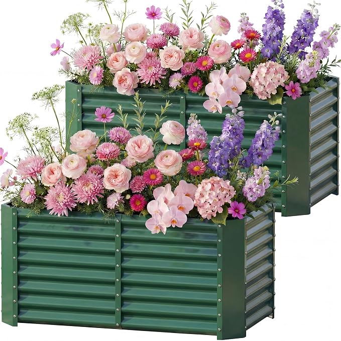 AHEONLAR 2 Pack 4×2×2ft Galvanized Raised Garden Beds, Rectangle Durable Planter Boxes Outdoor for Vegetables, Fruits, Flowers and Plants, Quick Assembly, Green