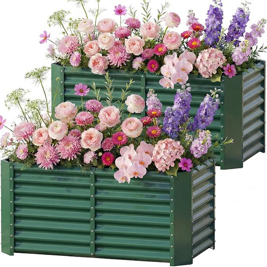 AHEONLAR 2 Pack 4×2×2ft Galvanized Raised Garden Beds, Rectangle Durable Planter Boxes Outdoor for Vegetables, Fruits, Flowers and Plants, Quick Assembly, Green