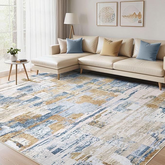 kakania Abstract 12x14 Area Rugs for Living Room: Washable Rugs Blue | Soft, Non-Slip, Low-Pile, Pet & Kid Friendly - Large Modern Home Decor Carpet for Bedroom/Dining Room/Office/Nursery