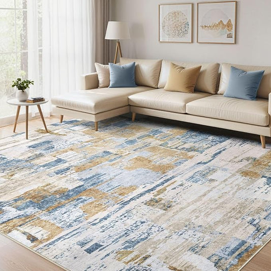 kakania Abstract 12x18 Area Rugs for Living Room: Washable Rugs Blue | Soft, Non-Slip, Low-Pile, Pet & Kid Friendly - Large Modern Home Decor Carpet for Bedroom/Dining Room/Office/Nursery