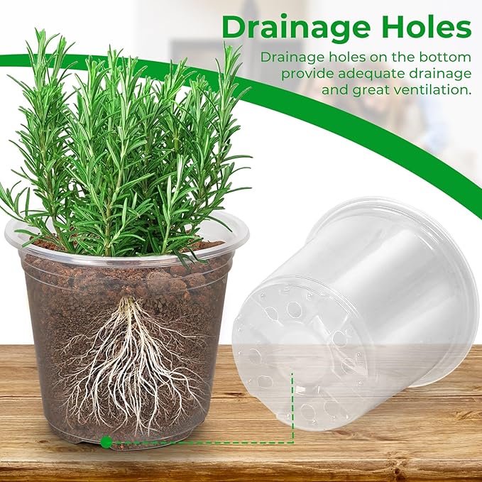 FUIJOL 10 Inch Large Clear Nursery Pots with Drainage, 5 Pack Clear Plastic Nursery Pots for Plants, Garden Seedling Starter Plant Pots for Succulents, Flower & Vegetable (10inch-5Pack)