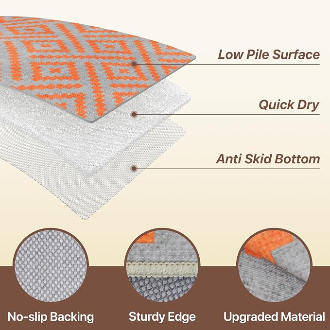 GENIMO Outdoor Rug for Patio Clearance, 3'x5' Indoor Area Rug, Waterproof Reversible Fall Doormat, Outside Camping Carpet for Porch, Living Room, Balcony, Deck, Bedroom, Picnic, Grey Orange