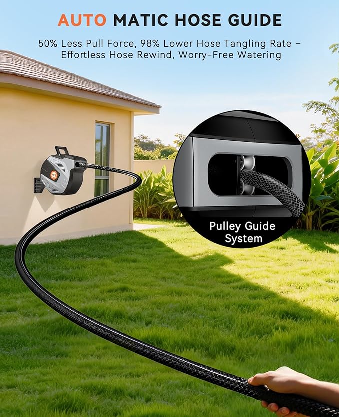 SUNPOW Retractable Garden Hose Reel - 1/2 inch x 50ft Heavy Duty Wall Mounted Hose Reel with 3/4 inch Brass Fitting & 10 Sprayer Nozzle - Any Length Lock, Auto Rewind System, 180°Swivel Bracket- Grey