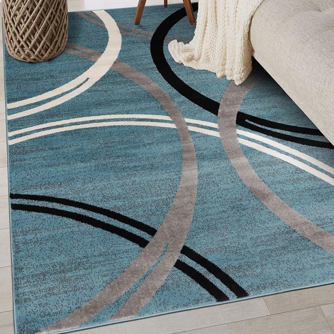 Rugshop Wavy Circles Modern Jute Backing Living Room Area Rug Blue 4' x 6' | Rectangular, Size 4' x 6', Bedroom, Dining Room, Home Office, Kitchen, Entryway, Hallway, Nursery, Kids Room, Guest Room