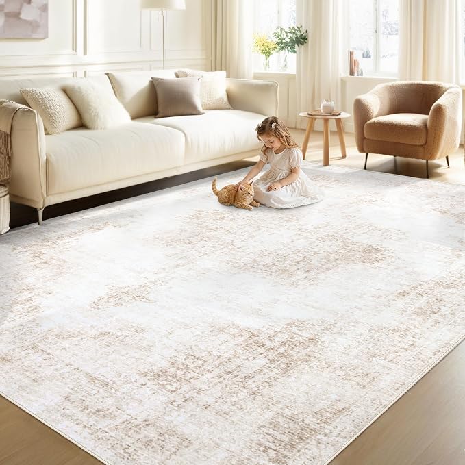 Area Rug 6x9 Vintage Rug: Washable Living Room Rugs Retro Medallion Distressed Large Rugs Soft Low Pile Non-Slip Indoor Floor Carpet for Bedroom Kitchen Nursery Dining Table Office (Beige, 6'x9')