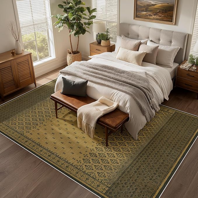 Joydeco Brown Rug 8x10 for Living Room, Washable Area Rugs for Bedroom | Vintage Large Boho Geometric Low Pile Non Slip Ultra Thin Distress Indoor Throw Floor Carpet For Dining Room Home Office Dorm