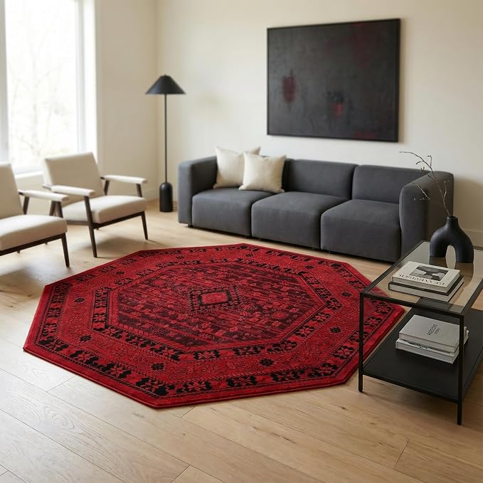 Unique Loom Tekke Collection Area Rug - Sheibani (5' Octagon, Red/ Black)