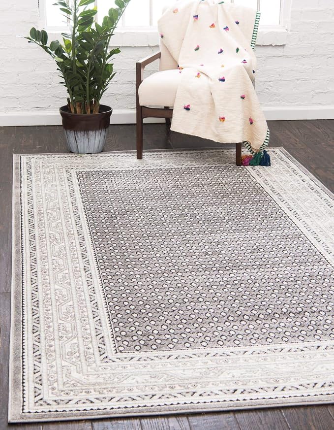 Unique Loom Williamsburg Collection Traditional Border with Dotted Center Area Rug, Rectangular 6' 1" x 9' 0", Gray/Beige